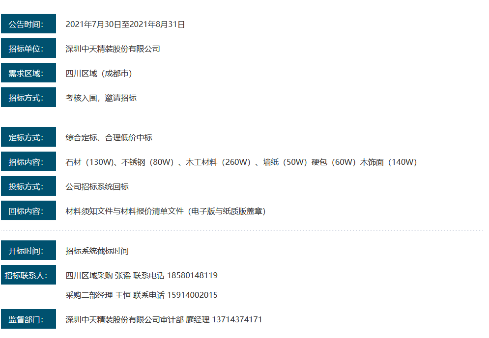 深圳pg电子官方网站精装四川区域材料招标需求公告(图1)